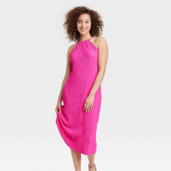 A New Day Hot Pink Plissé Pleated Midi Dress | Size Large - Picture 6 of 7
